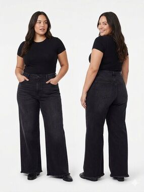 GOOD AMERICAN Ease Relaxed Wide Leg Jeans 18 Petite Black $169 Retail NWT
